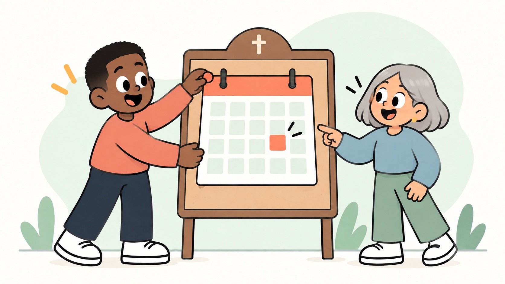 Two organizers post a calendar announcement on a notice board.