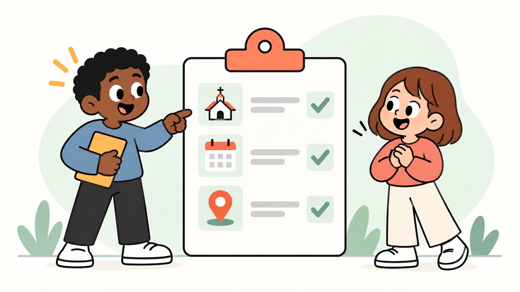 Two organizers review a checklist with church, calendar, and location pictograms.