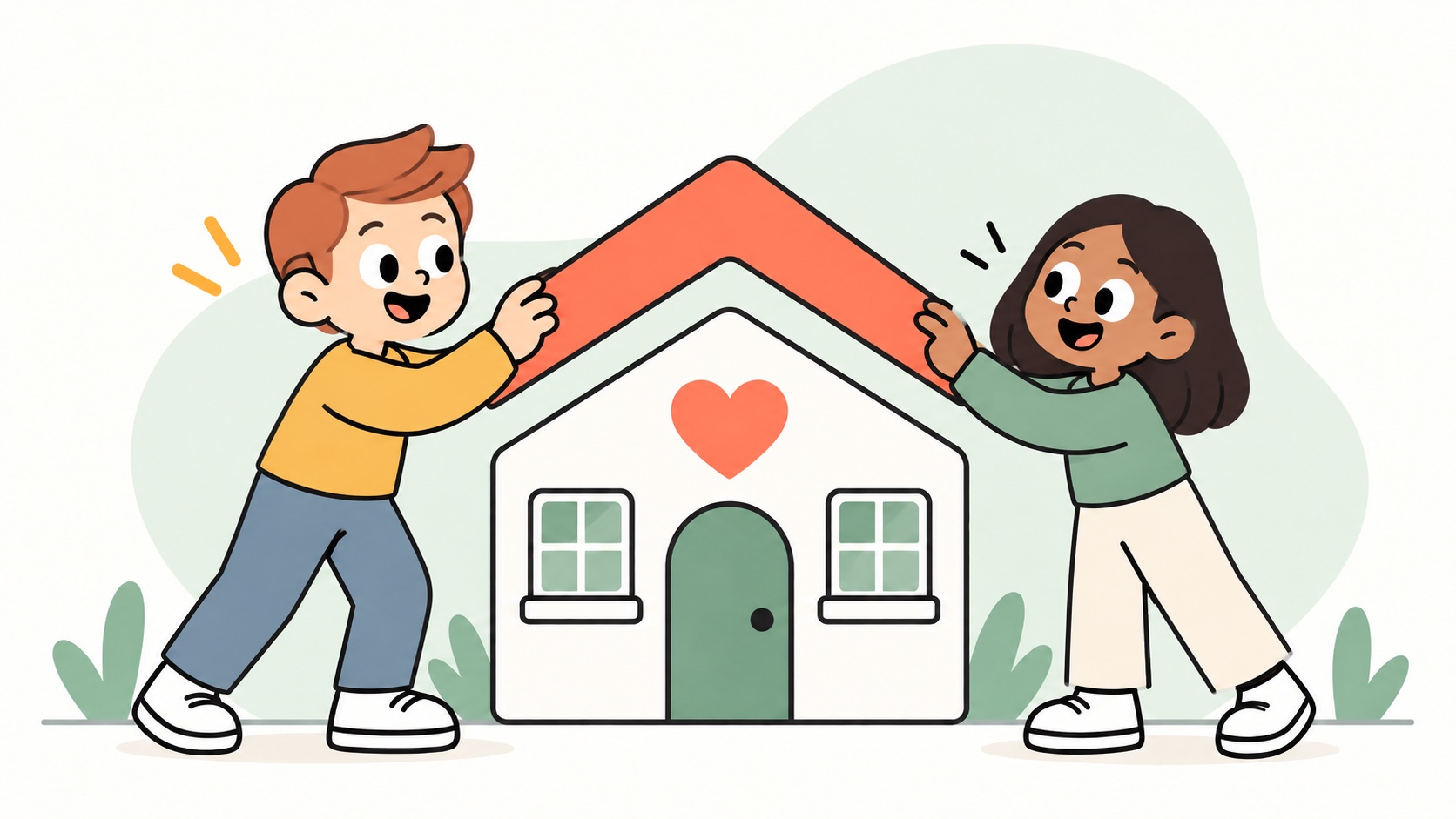 Two volunteers place a roof on a small house with a heart emblem.