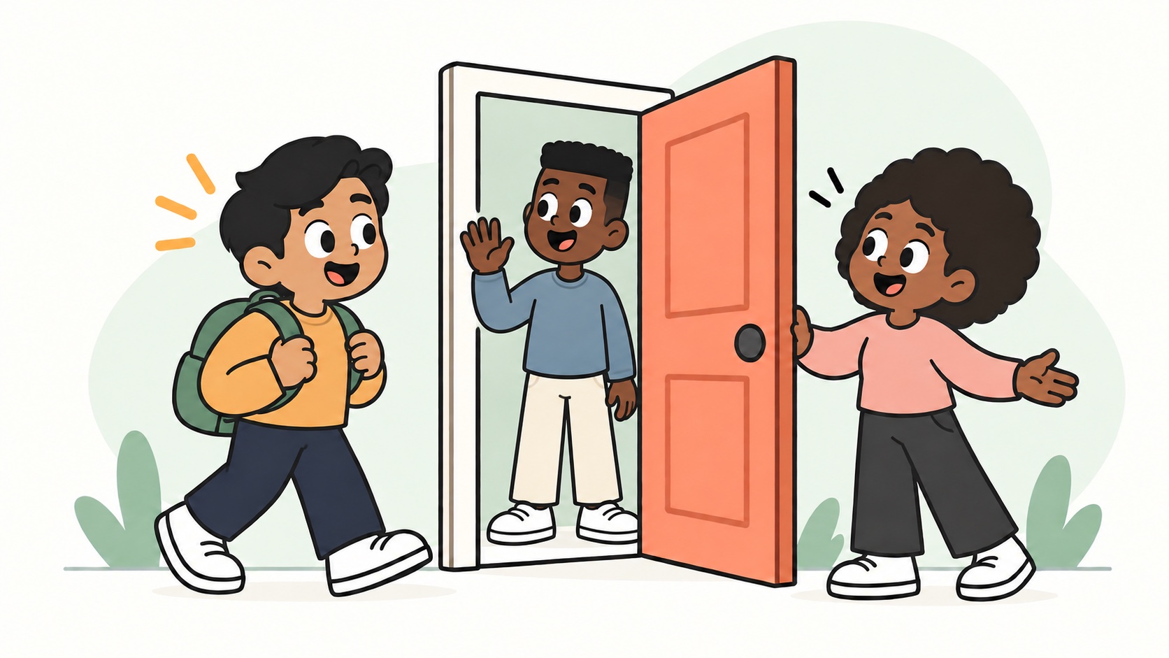 A host welcomes a visitor while another member waves from inside the open doorway.